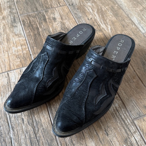 Roper Shoes - Roper Black Almond Toe Faux Leather Slip On Western Cowgirl Mules Women's 8